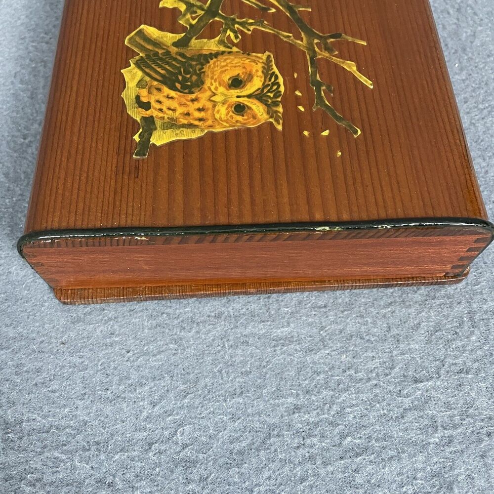 Vintage Wood Box Owl Illustrated Decoupage w/ Yellow White Interior - Picture 4 of 12